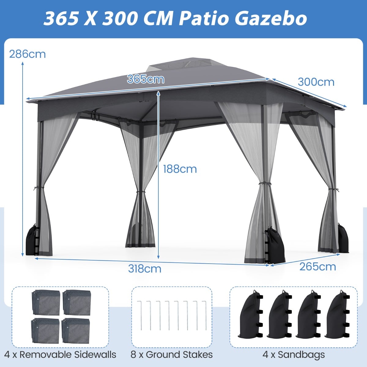 Patio Gazebo with Netting Walls Soft Top Double Roof Canopy with Sandbags-Grey