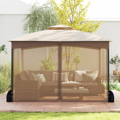 Patio Gazebo with Netting Walls Soft Top Double Roof Canopy with Sandbags-Khaki