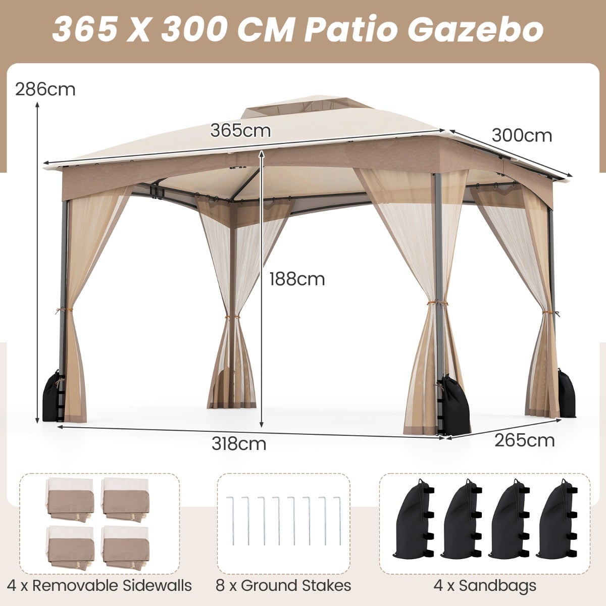 Patio Gazebo with Netting Walls Soft Top Double Roof Canopy with Sandbags-Khaki