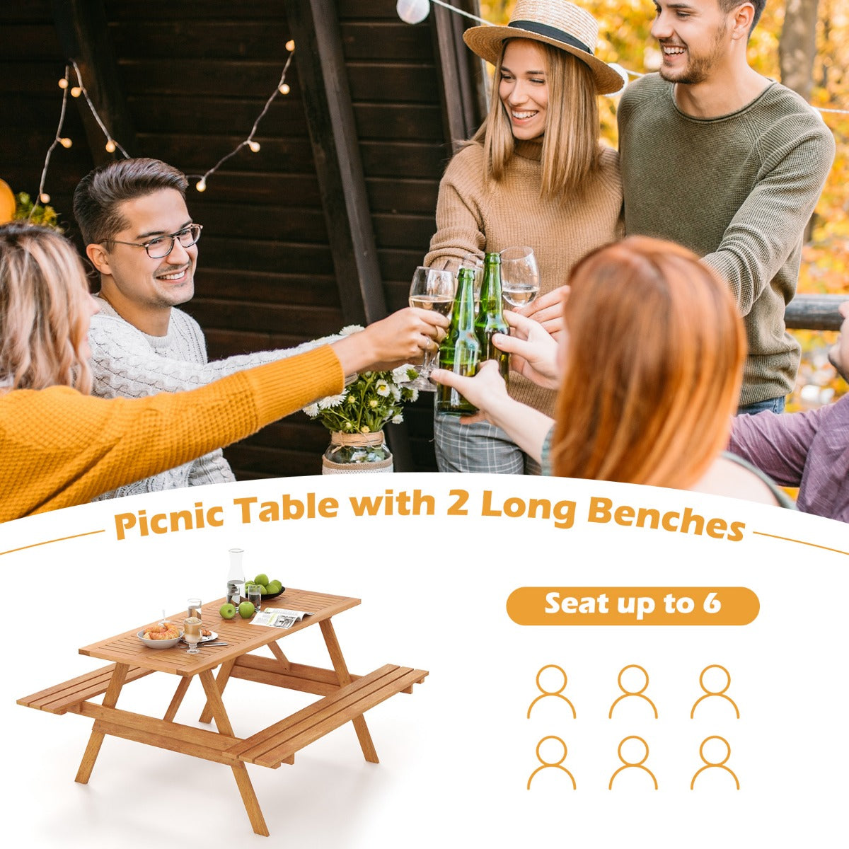 Patio Rectangle Picnic Table with 2 Built-in Benches for Backyard Garden Deck