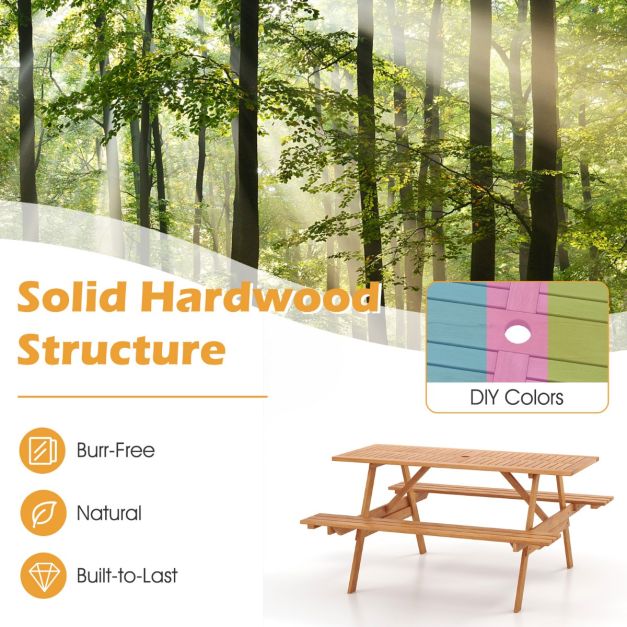 Patio Rectangle Picnic Table with 2 Built-in Benches for Backyard Garden Deck