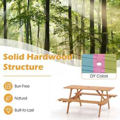 Patio Rectangle Picnic Table with 2 Built-in Benches for Backyard Garden Deck