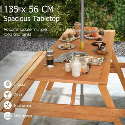 Patio Rectangle Picnic Table with 2 Built-in Benches for Backyard Garden Deck