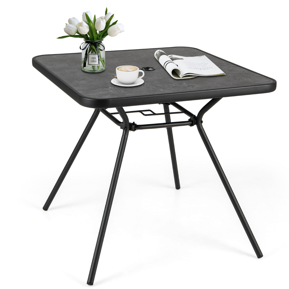 Patio Square Outdoor Dining Table with Umbrella Hole and Lid