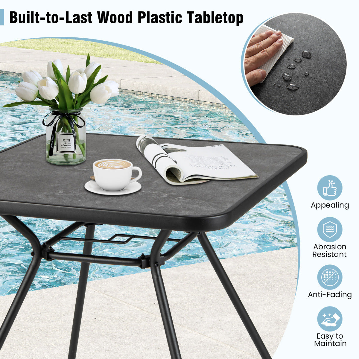 Patio Square Outdoor Dining Table with Umbrella Hole and Lid