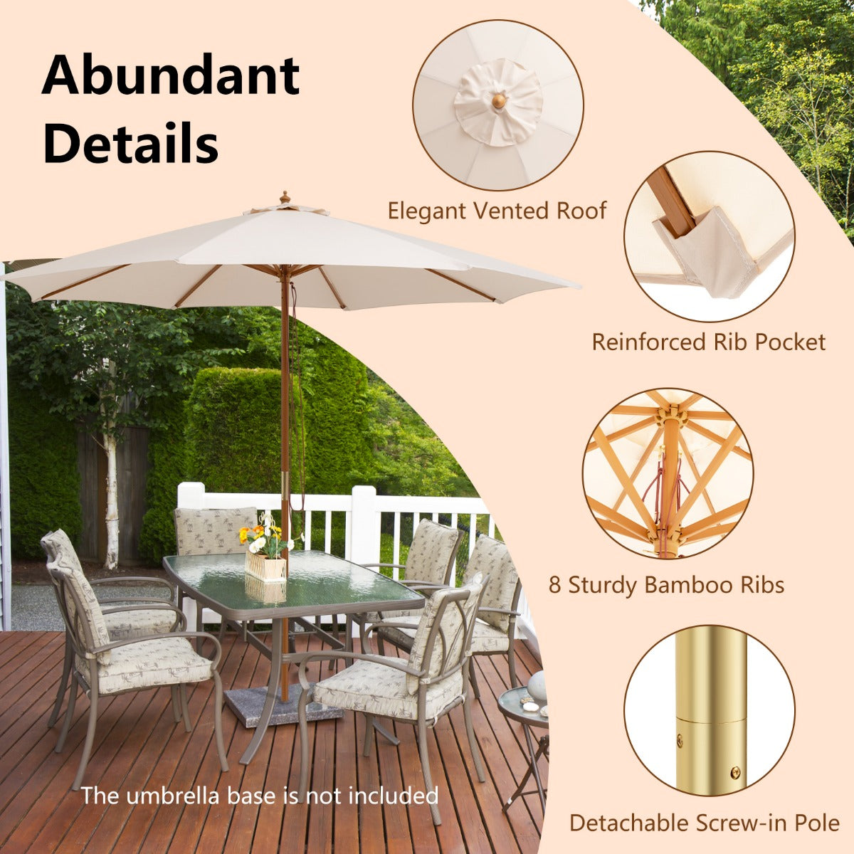 295 x 295 cm Patio Umbrella with Pulley Lift and Ventilation Hole-Beige