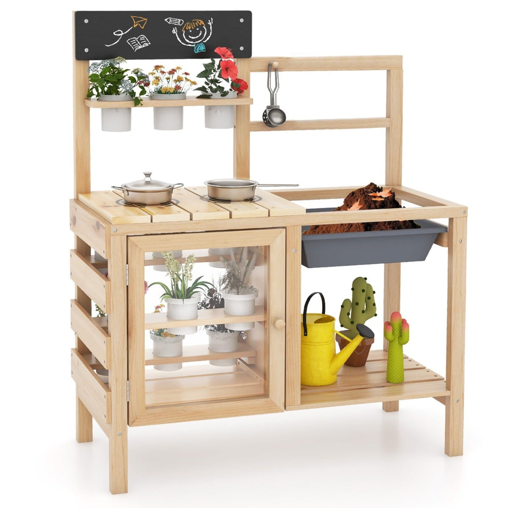 Patio Wooden Pretend Play Kitchen with Plants Observation Room for Kids Outdoor-Natural