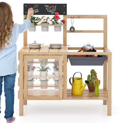 Patio Wooden Pretend Play Kitchen with Plants Observation Room for Kids Outdoor-Natural