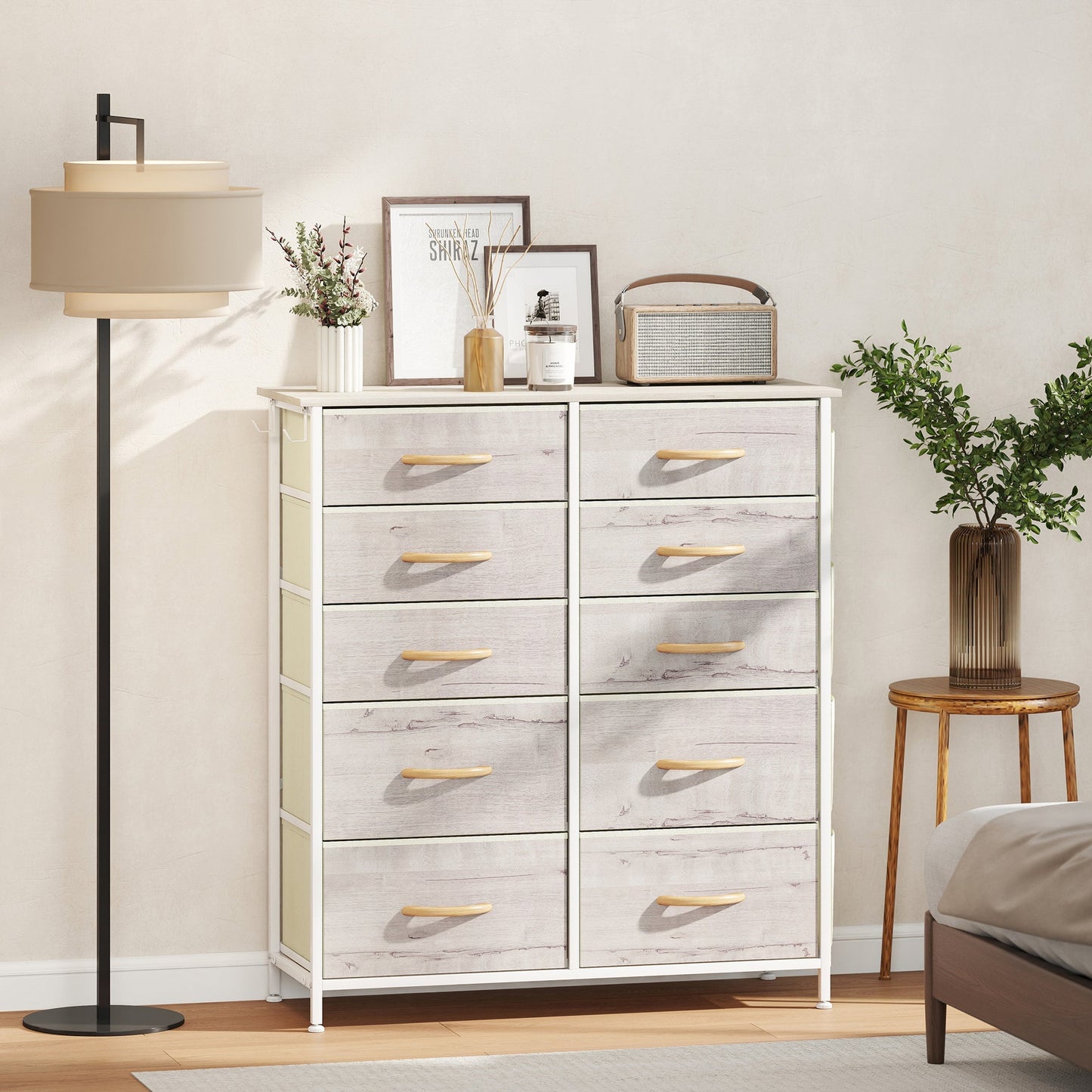 HOMCOM Chest of Ten Fabric Drawers - Natural Wood Finish