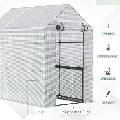 Outsunny Walk In Greenhouse with 2-Tier Shelves, Roll up Zip Panel Door, Garden Polytunnel Steeple Grow House for Outdoor, 6 x 4 x 6ft White