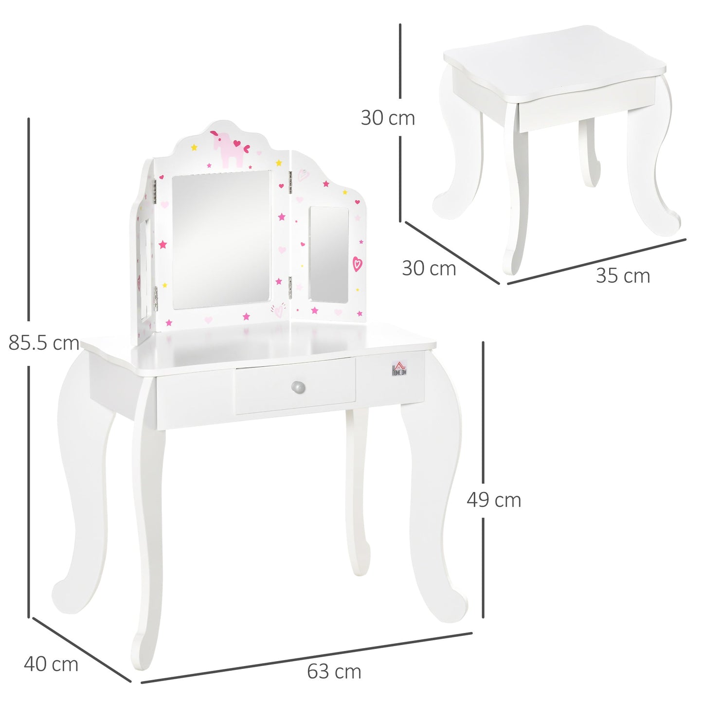 HOMCOM Kids Vanity Table and Chair Set with Tri-Folding Mirror and Stool, Makeup Dressing Table with Drawer, White