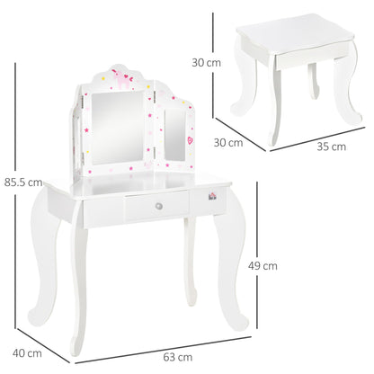 HOMCOM Kids Vanity Table and Chair Set with Tri-Folding Mirror and Stool, Makeup Dressing Table with Drawer, White
