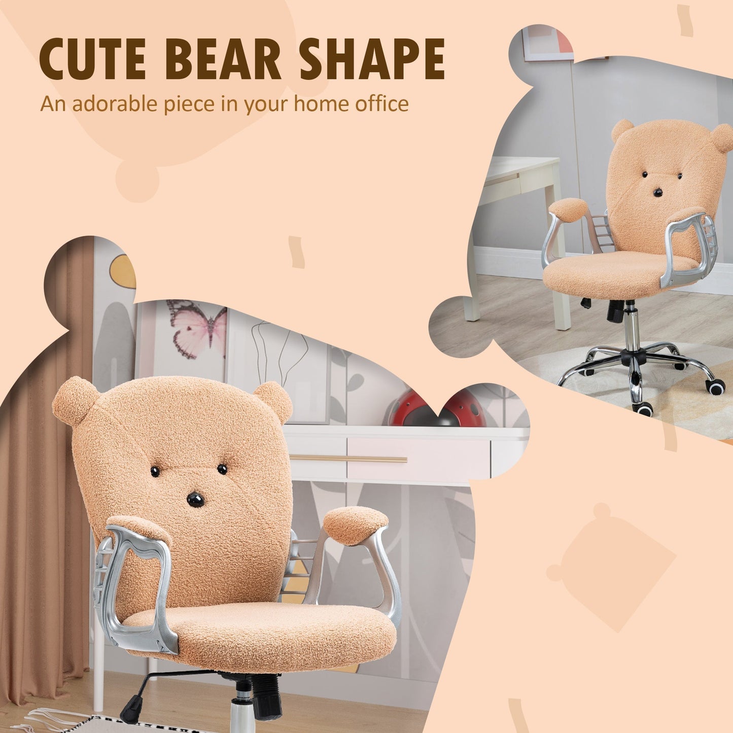 Vinsetto Cute Office Chair, Bear Shape Desk Chair with Teddy Fleece Fabric, Padded Armrests, Tilt Function, Adjustable Seat Height, Brown