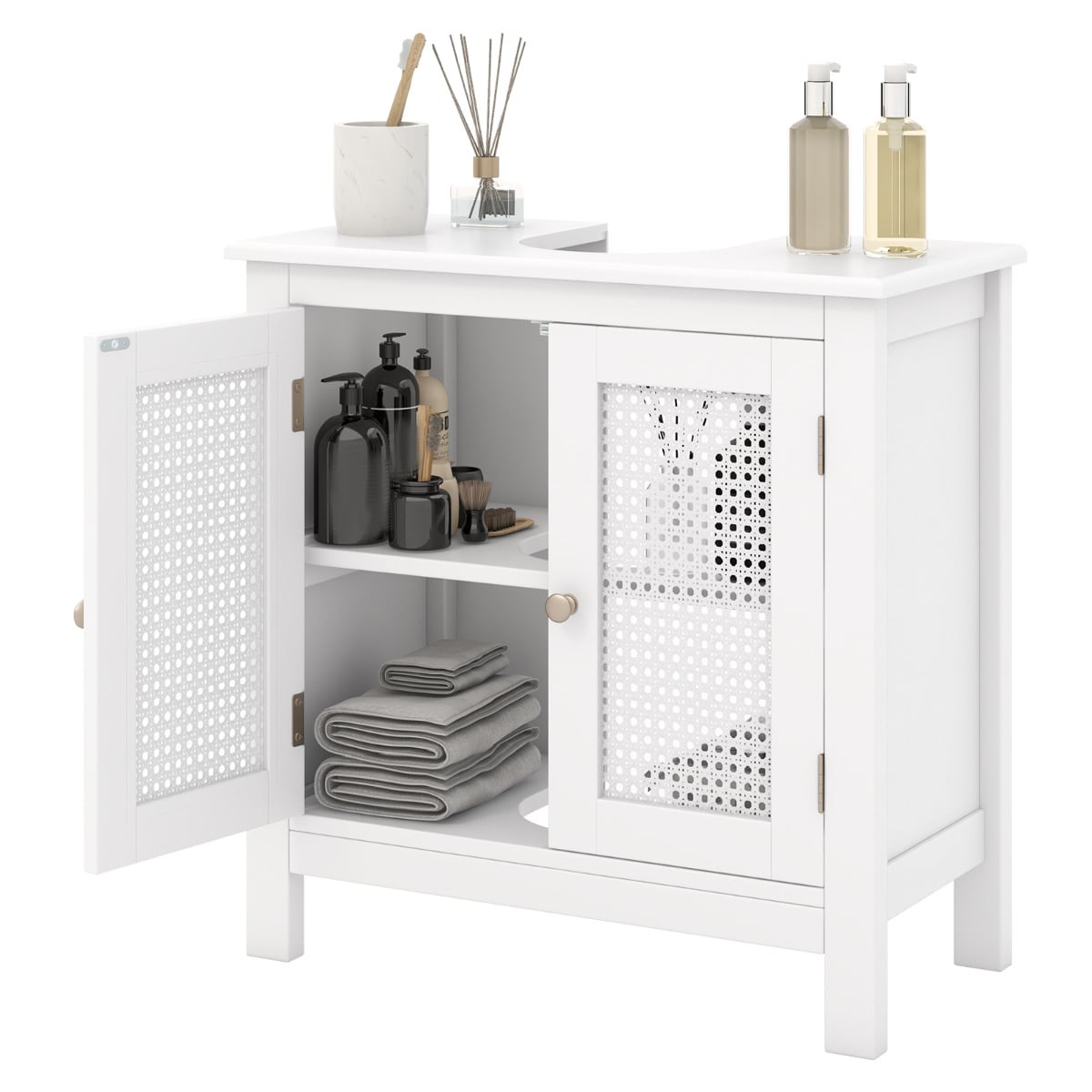 Pedestal Sink Storage Cabinet with 2 Rattan Doors-White