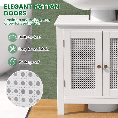 Pedestal Sink Storage Cabinet with 2 Rattan Doors-White