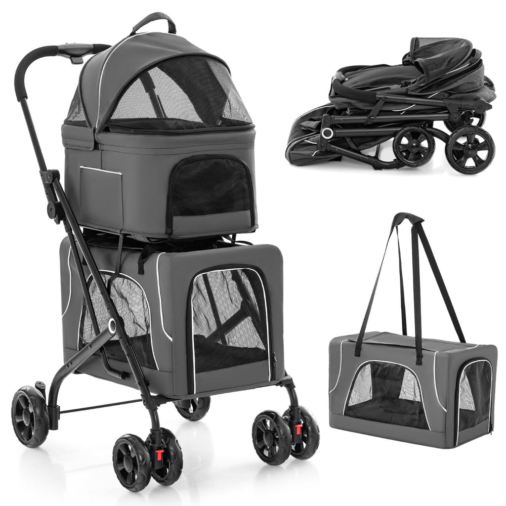 Foldable Double Pet Stroller with Detachable Carriers-Grey