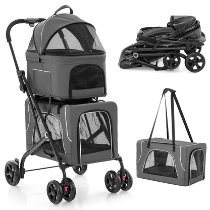 Foldable Double Pet Stroller with Detachable Carriers-Grey
