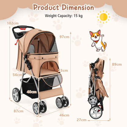 4-Wheel Folding Pet Stroller with Mesh Windows & Storage Basket-Beige