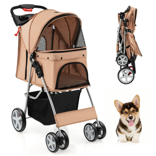 4-Wheel Folding Pet Stroller with Mesh Windows & Storage Basket-Beige