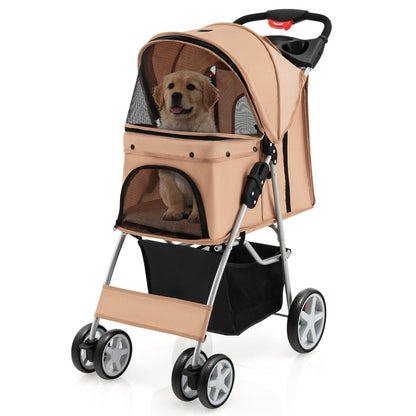 4-Wheel Folding Pet Stroller with Mesh Windows & Storage Basket-Beige