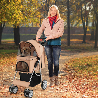 4-Wheel Folding Pet Stroller with Mesh Windows & Storage Basket-Beige