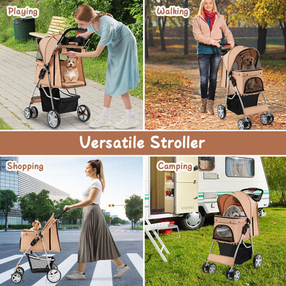 4-Wheel Folding Pet Stroller with Mesh Windows & Storage Basket-Beige