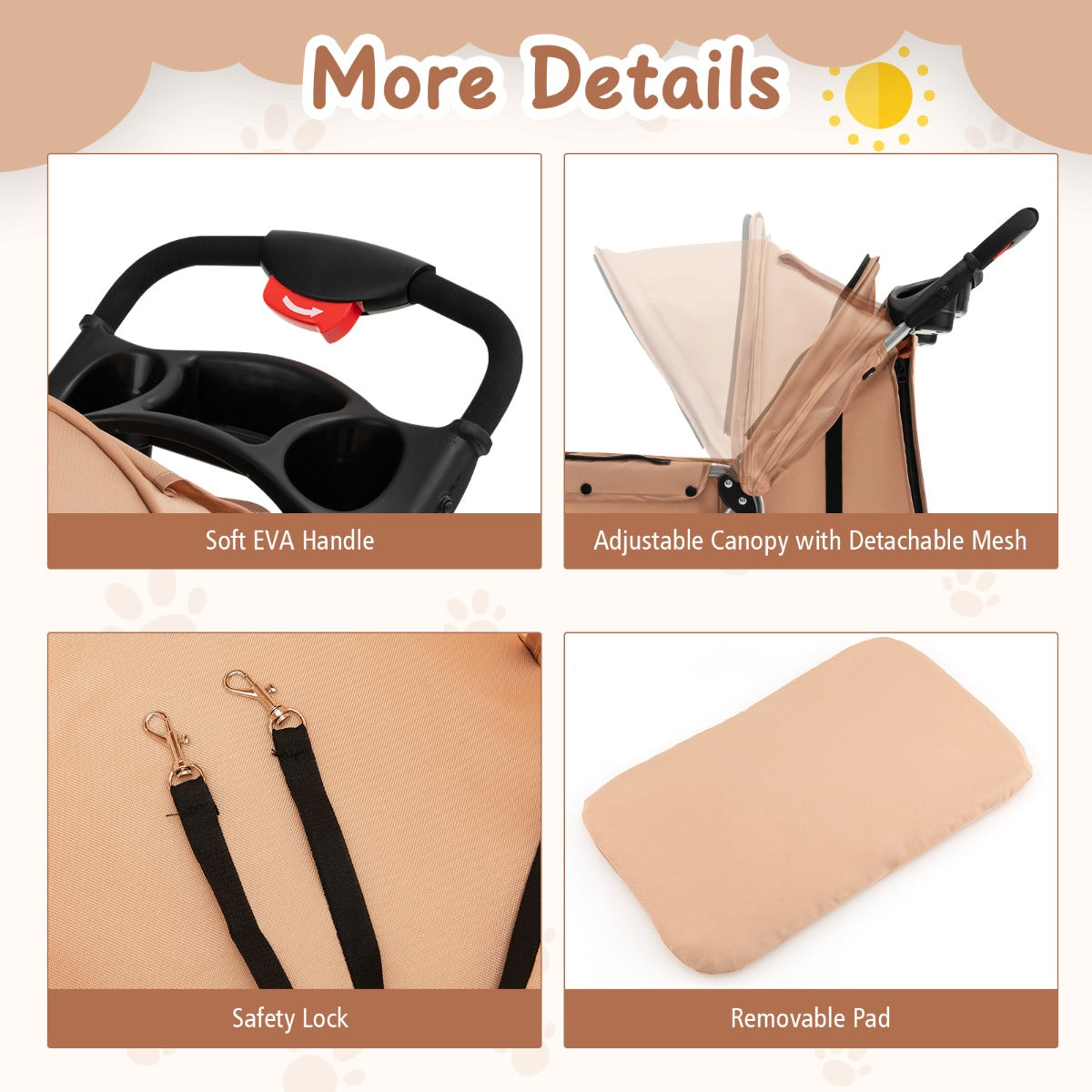 4-Wheel Folding Pet Stroller with Mesh Windows & Storage Basket-Beige