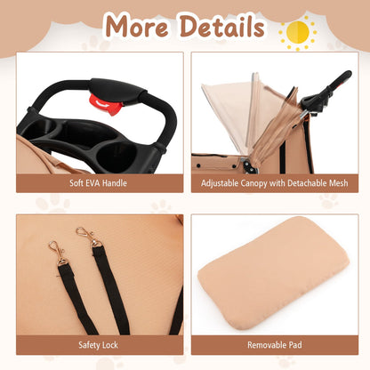 4-Wheel Folding Pet Stroller with Mesh Windows & Storage Basket-Beige