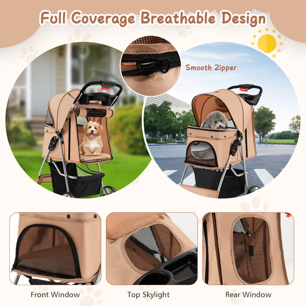 4-Wheel Folding Pet Stroller with Mesh Windows & Storage Basket-Beige