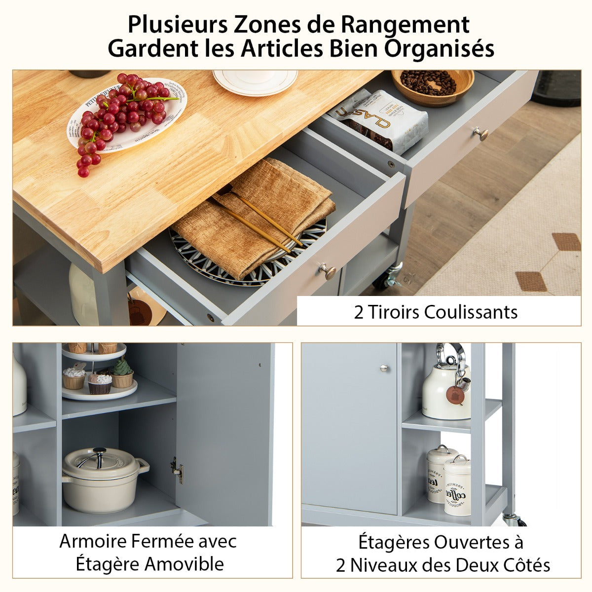 Mobile Kitchen Island Cart Rolling Kitchen Island with Rubber Wood Top-Grey