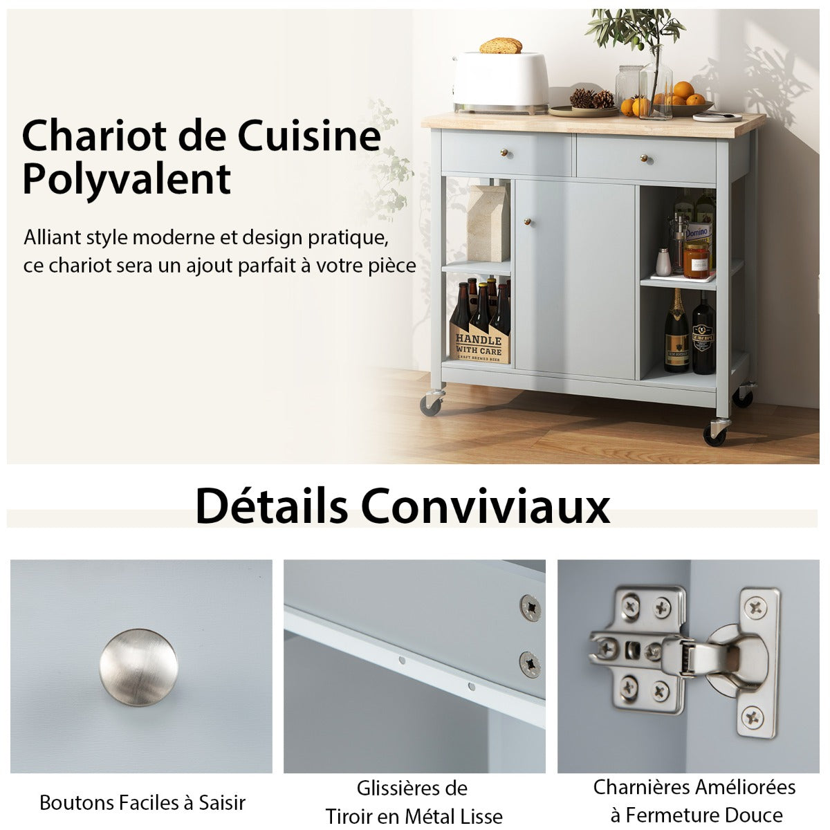 Mobile Kitchen Island Cart Rolling Kitchen Island with Rubber Wood Top-Grey