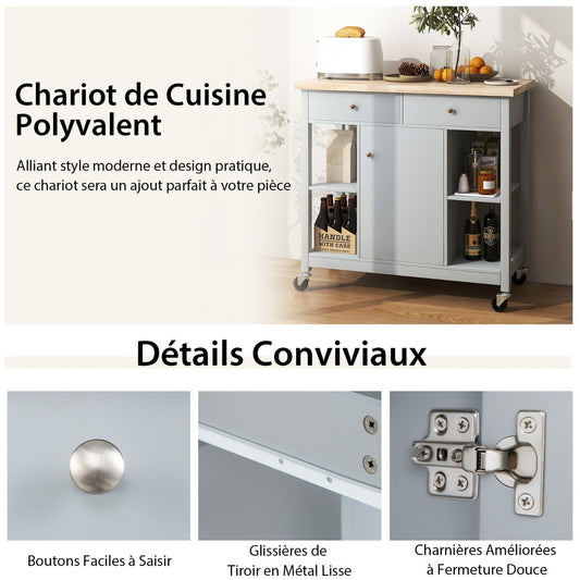 Mobile Kitchen Island Cart Rolling Kitchen Island with Rubber Wood Top-Grey