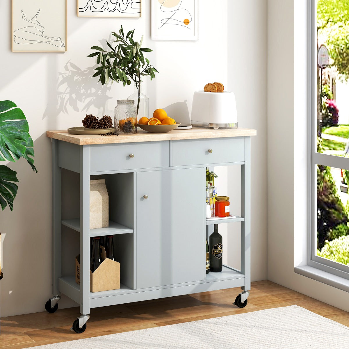 Mobile Kitchen Island Cart Rolling Kitchen Island with Rubber Wood Top-Grey