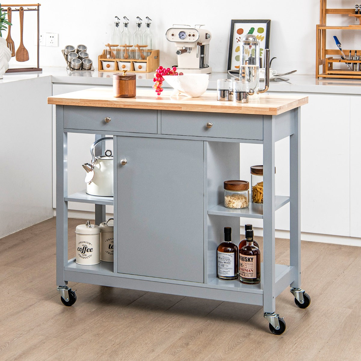 Mobile Kitchen Island Cart Rolling Kitchen Island with Rubber Wood Top-Grey