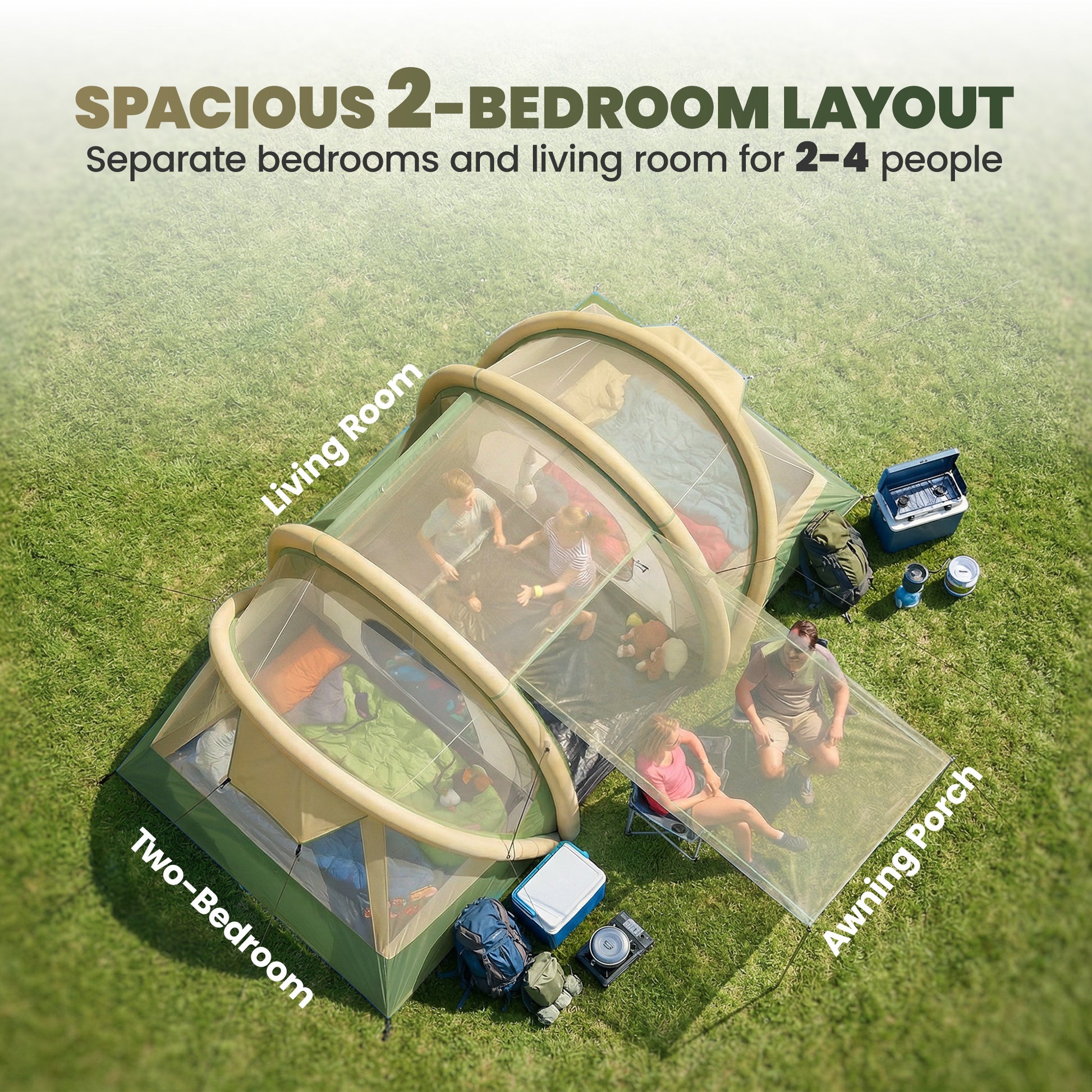 2 bedroom tent with living room Outsunny Inflatable Tent 2 Bedroom 3000mm Waterproof Windproof Air Ten – Furniture Gold