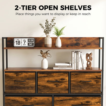 HOMCOM Chest of Drawers, Bedroom Fabric Dresser with 5 Drawers, Storage Organiser Unit with Open Shelves, Rustic Brown