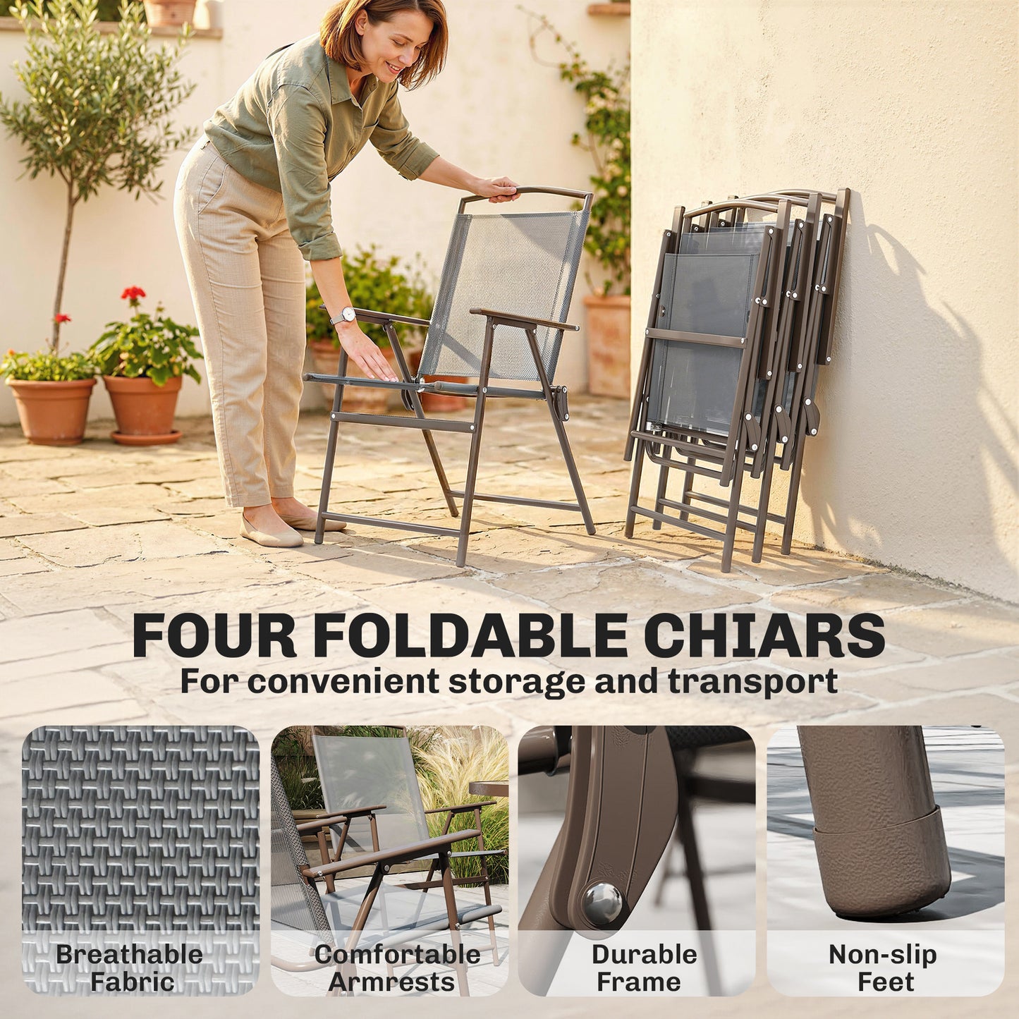 Outsunny 6 Piece Garden Dining Set with Umbrella, Patio Sets with Parasol, 4 Folding Dining Chairs, Dark Grey