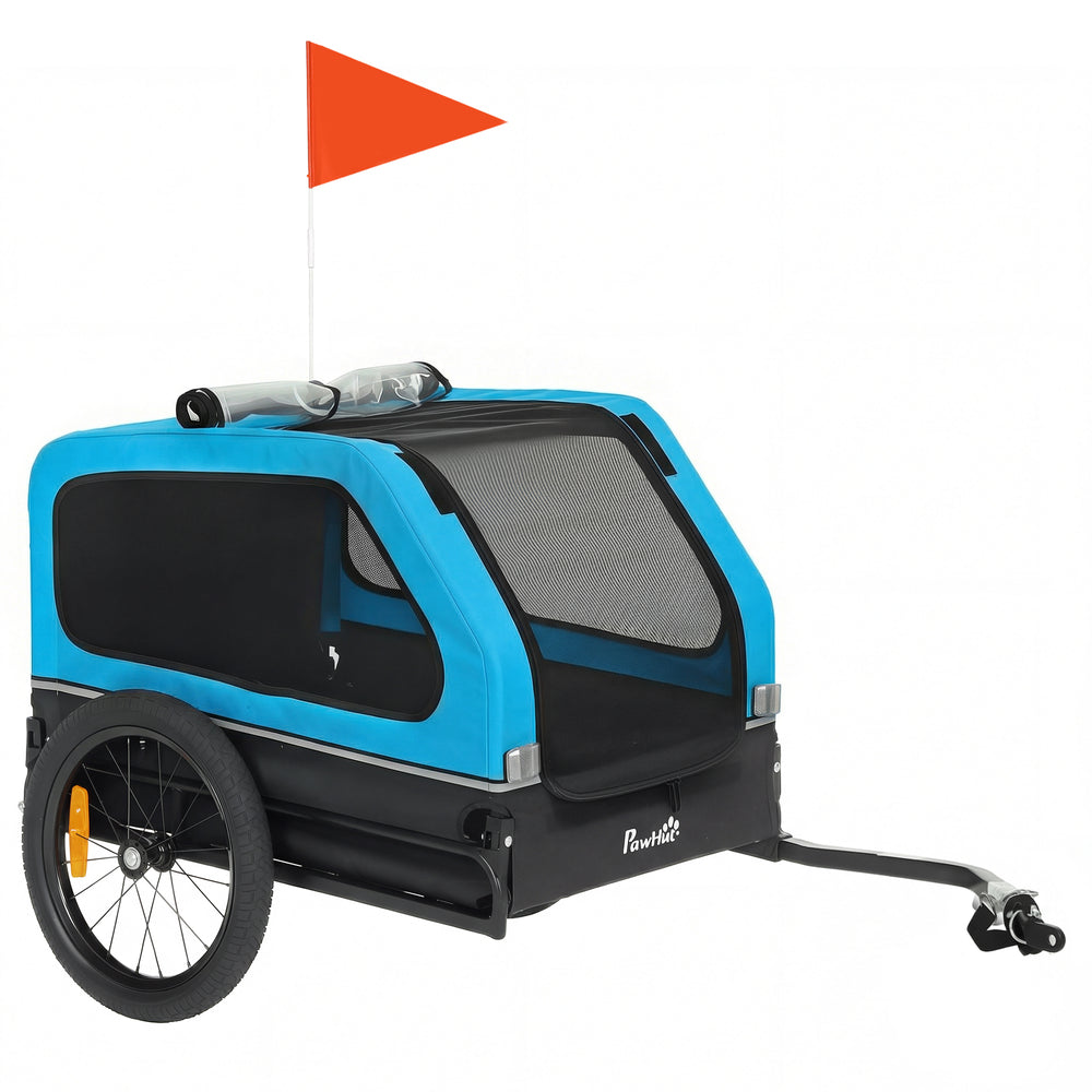 PawHut Dog Bike Trailer with Flip-Down Ramp Tailgate, Quick Release Frame, Universal Bicycle Coupler, Reflectors, Blue