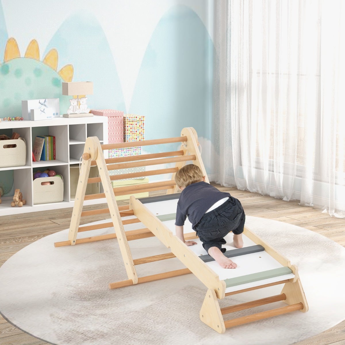 3-in-1 Pikler Triangle Climbing Set with Dual-Side Ramp and Adjustable Climbing Triangle-Natural