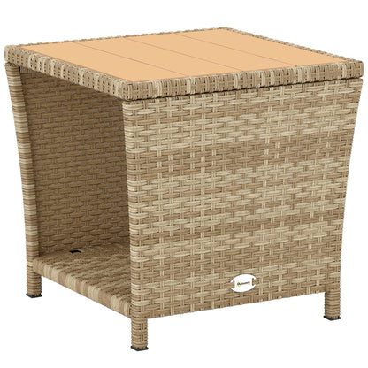 Outsunny Side Table 2-Tier Outdoor Coffee Table with Storage Shelf PS Wood Slat Top/Khaki