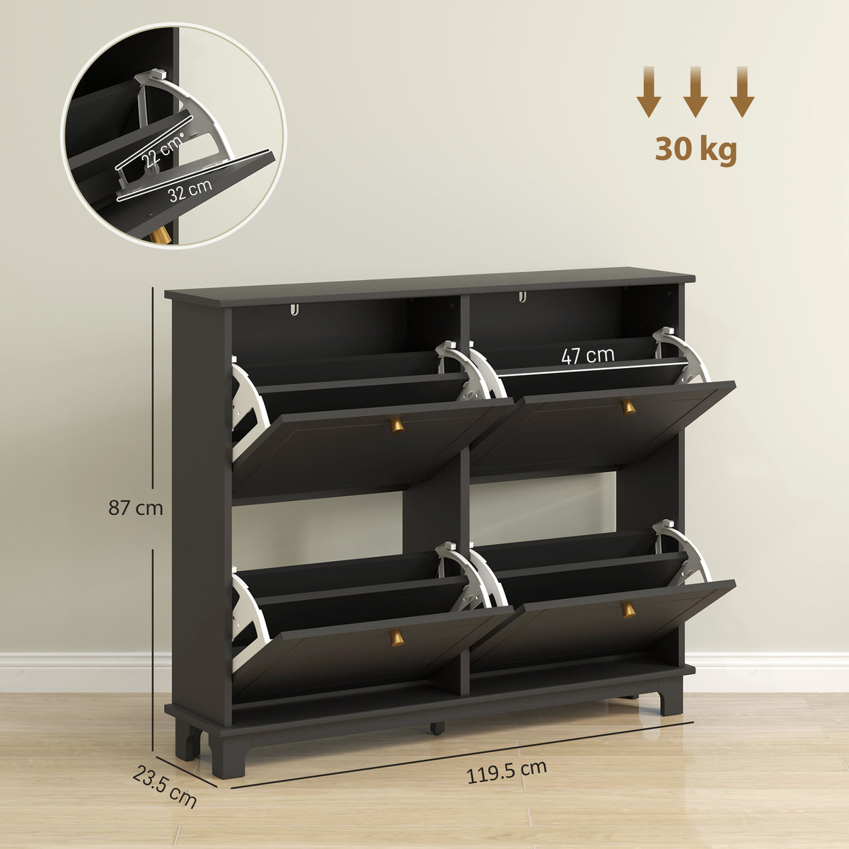 HOMCOM Narrow Shoe Storage Cabinet, Slim Shoe Cabinet with 4 Flip Drawers, Adjustable Shelves for 16 Pairs of Shoes, Black