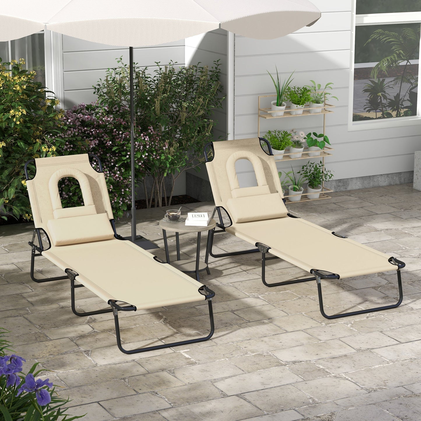 Outsunny Outdoor Folding Sun Lounger Set of 2 with Face Hole, 4 Level Adjustable Backrest Reclining Garden Lounger, Garden Recliner Sunbed with 600 D Oxford Cloth Seat and Pillow for Beach, Sand