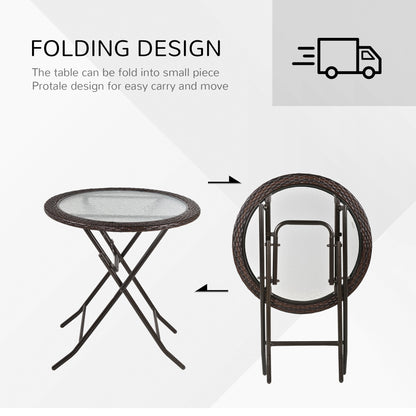 Outsunny Folding Round Tempered Glass Metal Table with Brown Rattan Edging