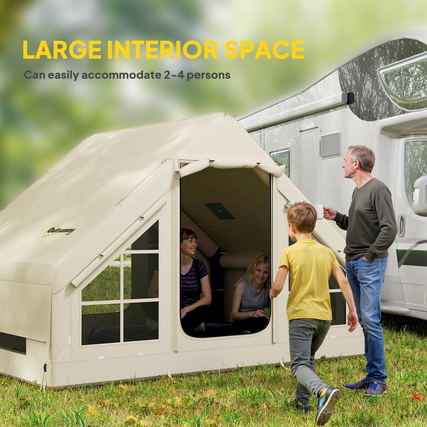 Outsunny Inflatable Camping Tent with Pump and Stove Jack Hole, Easy Setup 2-4 Person Blow Up Tent, Waterproof Luxury Inflatable Tent with Mesh Windows, Doors, Hook and Carry Bag, Beige