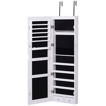 HOMCOM Jewelry Cabinet with Mirror and LED Lights, Lockable Makeup Cosmetics Jewellery Organiser, Mirror with Storage for Bedroom Dressing Room, White