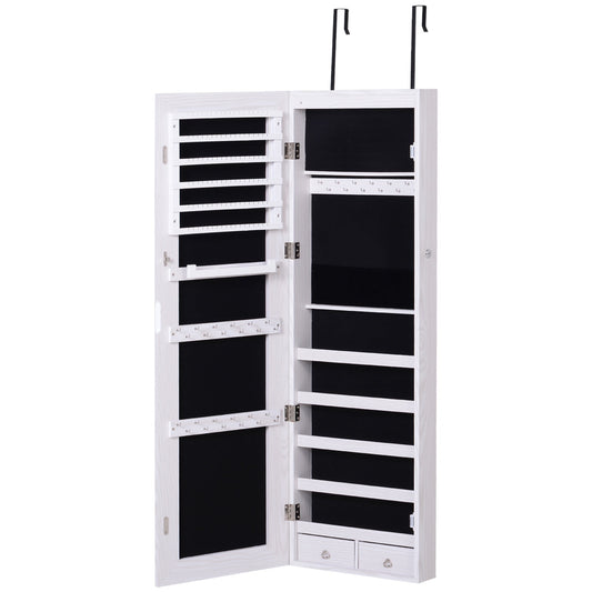 HOMCOM Jewelry Cabinet with Mirror and LED Lights, Lockable Makeup Cosmetics Jewellery Organiser, Mirror with Storage for Bedroom Dressing Room, White