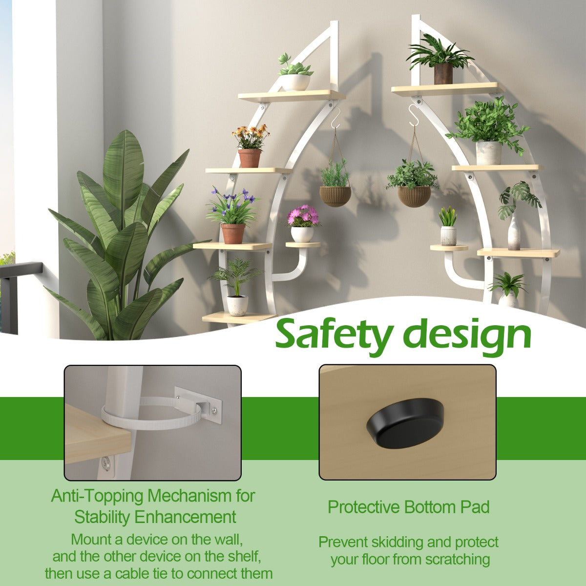 6-Tier 9 Potted Metal Plant Stand Holder Display Shelf with Hook-White