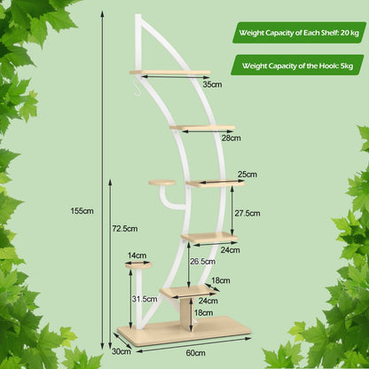 6-Tier 9 Potted Metal Plant Stand Holder Display Shelf with Hook-White
