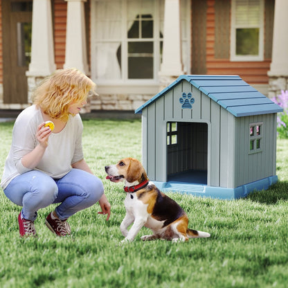Plastic Dog House with Air Vents and Elevated Floor-Blue