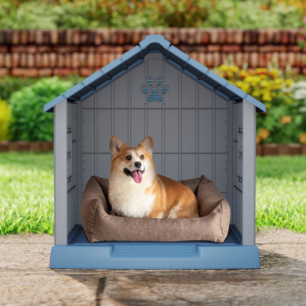 Plastic Dog House with Air Vents and Elevated Floor-Blue